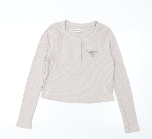 Hollister Women’s Beige Ribbed Cropped Henley Top Size S
