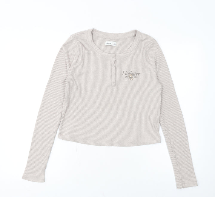 Hollister Women’s Beige Ribbed Cropped Henley Top Size S