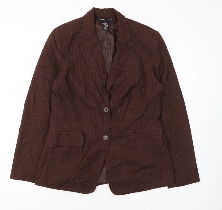 New York & Company Women Brown Pinstripe Blazer Size 12 Classic Fit
