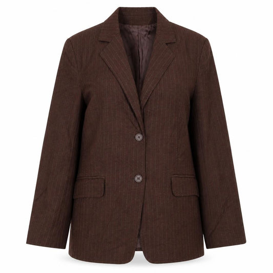 Front view of New York & Company Women Brown Pinstripe Blazer, size 12, Classic Fit
