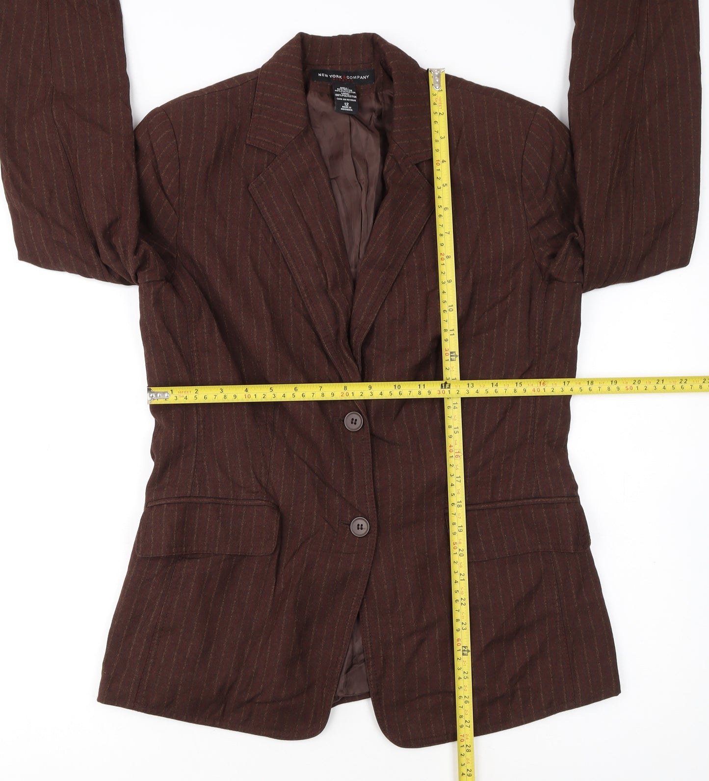 New York & Company Women Brown Pinstripe Blazer Size 12 Classic Fit