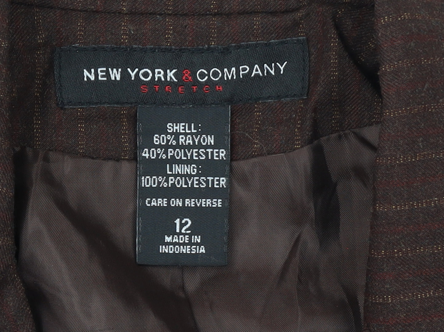 New York & Company Women Brown Pinstripe Blazer Size 12 Classic Fit
