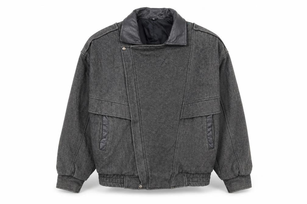 Front view of American Male unisex grey wool bomber jacket l classic retro style