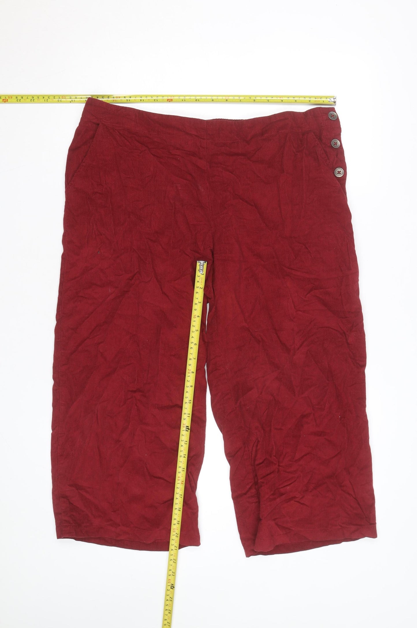 Nomads Women Red Corduroy Cropped Trousers Size 16 Button Detail