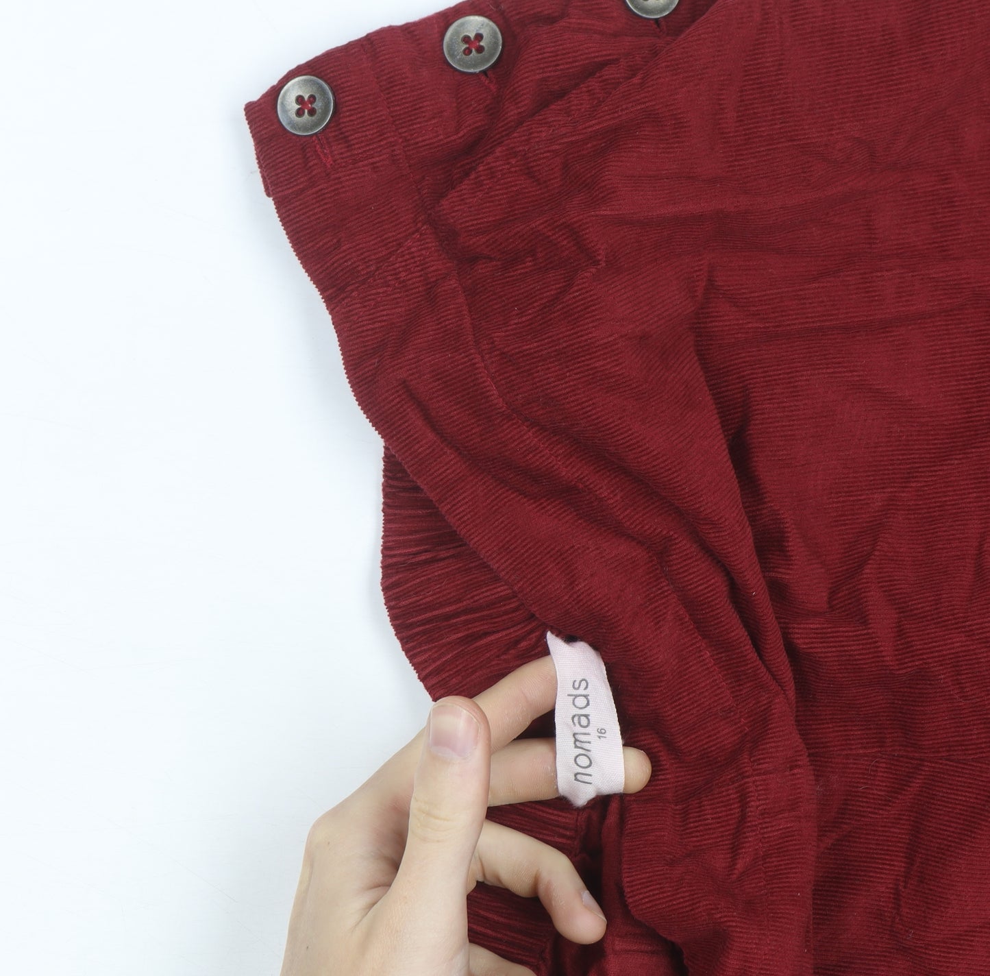 Nomads Women Red Corduroy Cropped Trousers Size 16 Button Detail