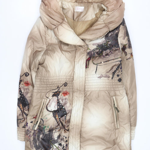 Libra Women Beige Printed Puffer Coat Size 10 Hooded Quilted Winter Jacket