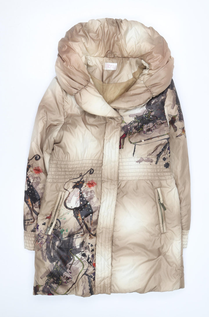 Libra Women Beige Printed Puffer Coat Size 10 Hooded Quilted Winter Jacket