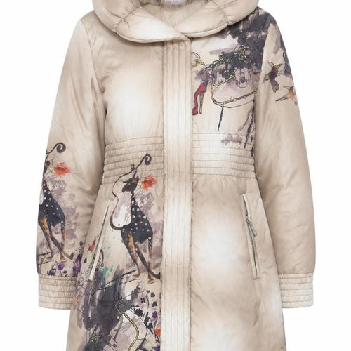 Libra Women Beige Printed Puffer Coat Size 10 Hooded Quilted Winter Jacket