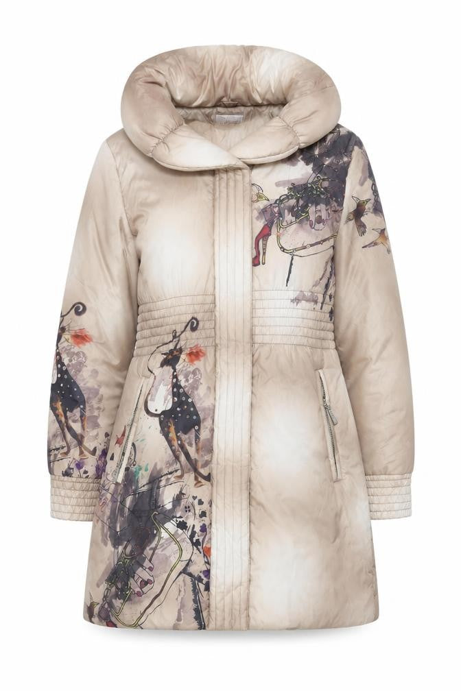 Libra Women Beige Printed Puffer Coat Size 10 Hooded Quilted Winter Jacket