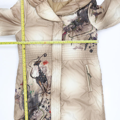 Libra Women Beige Printed Puffer Coat Size 10 Hooded Quilted Winter Jacket