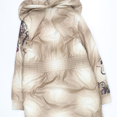 Libra Women Beige Printed Puffer Coat Size 10 Hooded Quilted Winter Jacket