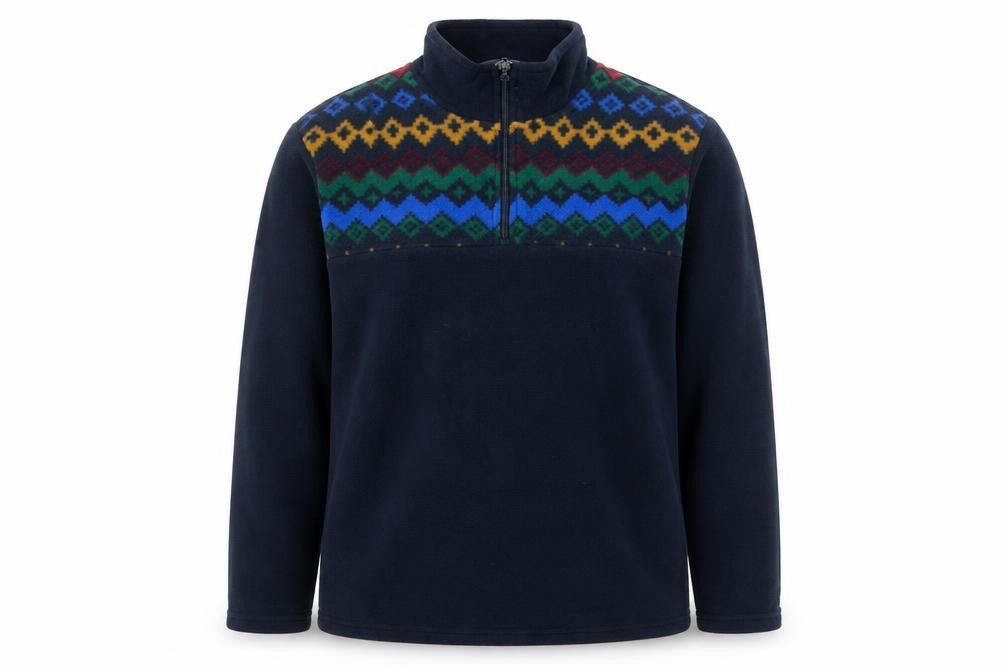 Front view of Cotton Traders Men's Blue Fair Isle Fleece 1/4 Zip jumper L