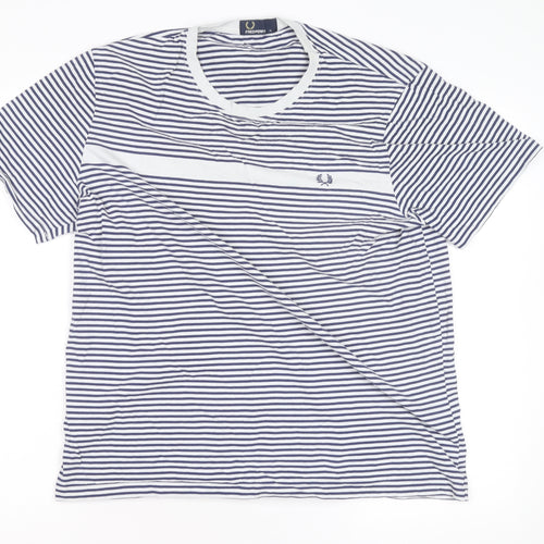 Fred Perry Men's Navy White Striped Crew Neck Cotton T-Shirt XL