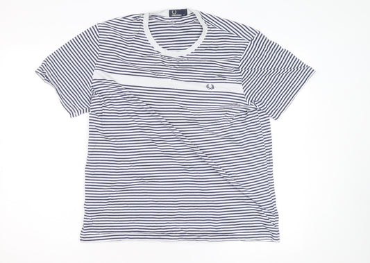 Fred Perry Men's Navy White Striped Crew Neck Cotton T-Shirt XL