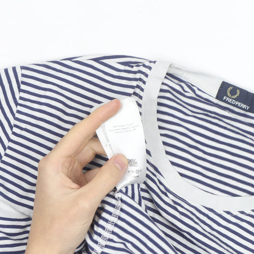 Fred Perry Men's Navy White Striped Crew Neck Cotton T-Shirt XL