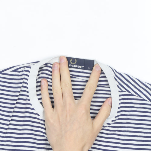 Fred Perry Men's Navy White Striped Crew Neck Cotton T-Shirt XL