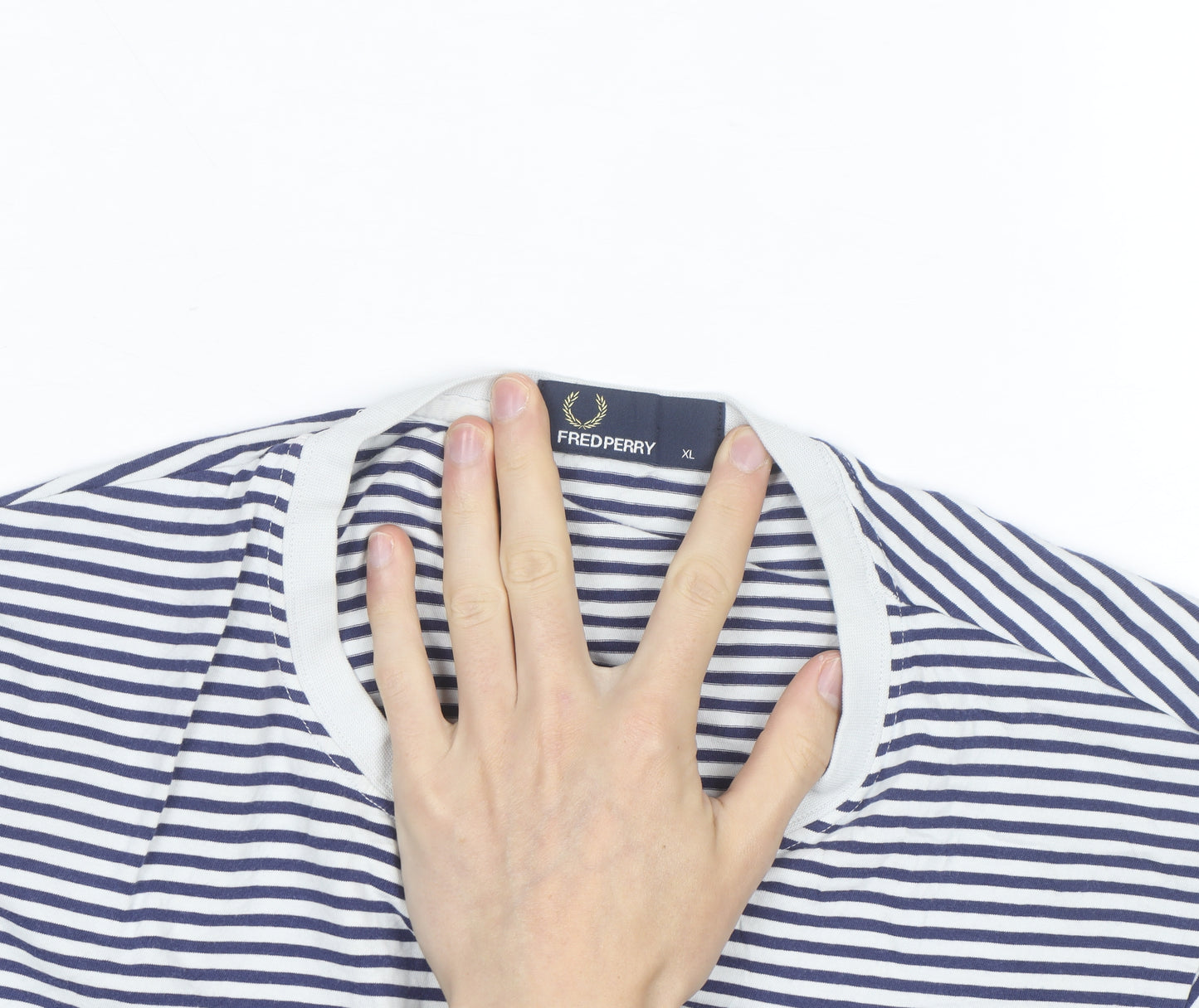 Fred Perry Men's Navy White Striped Crew Neck Cotton T-Shirt XL