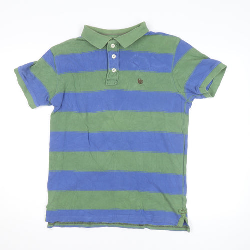 Fat Face Men’s Green Blue Striped Polo Shirt M Regular Fit Cotton