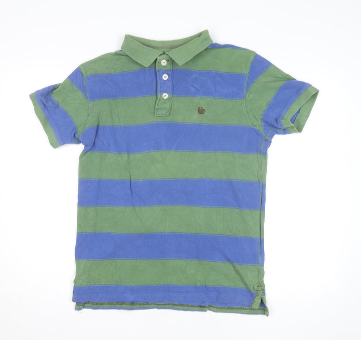 Fat Face Men’s Green Blue Striped Polo Shirt M Regular Fit Cotton