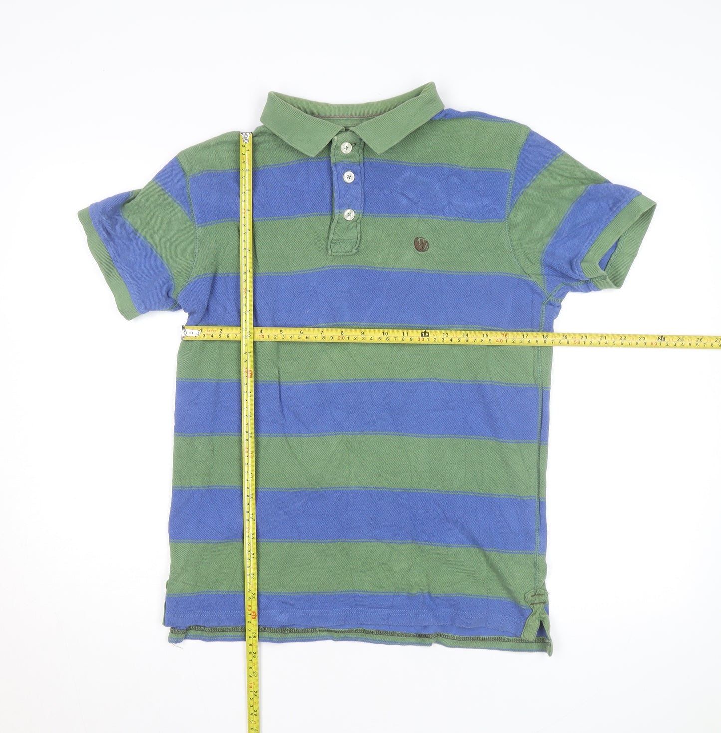 Fat Face Men’s Green Blue Striped Polo Shirt M Regular Fit Cotton