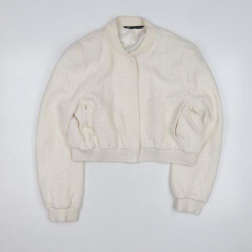 ZARA Women Ivory Textured Cropped Bomber Jacket Size L