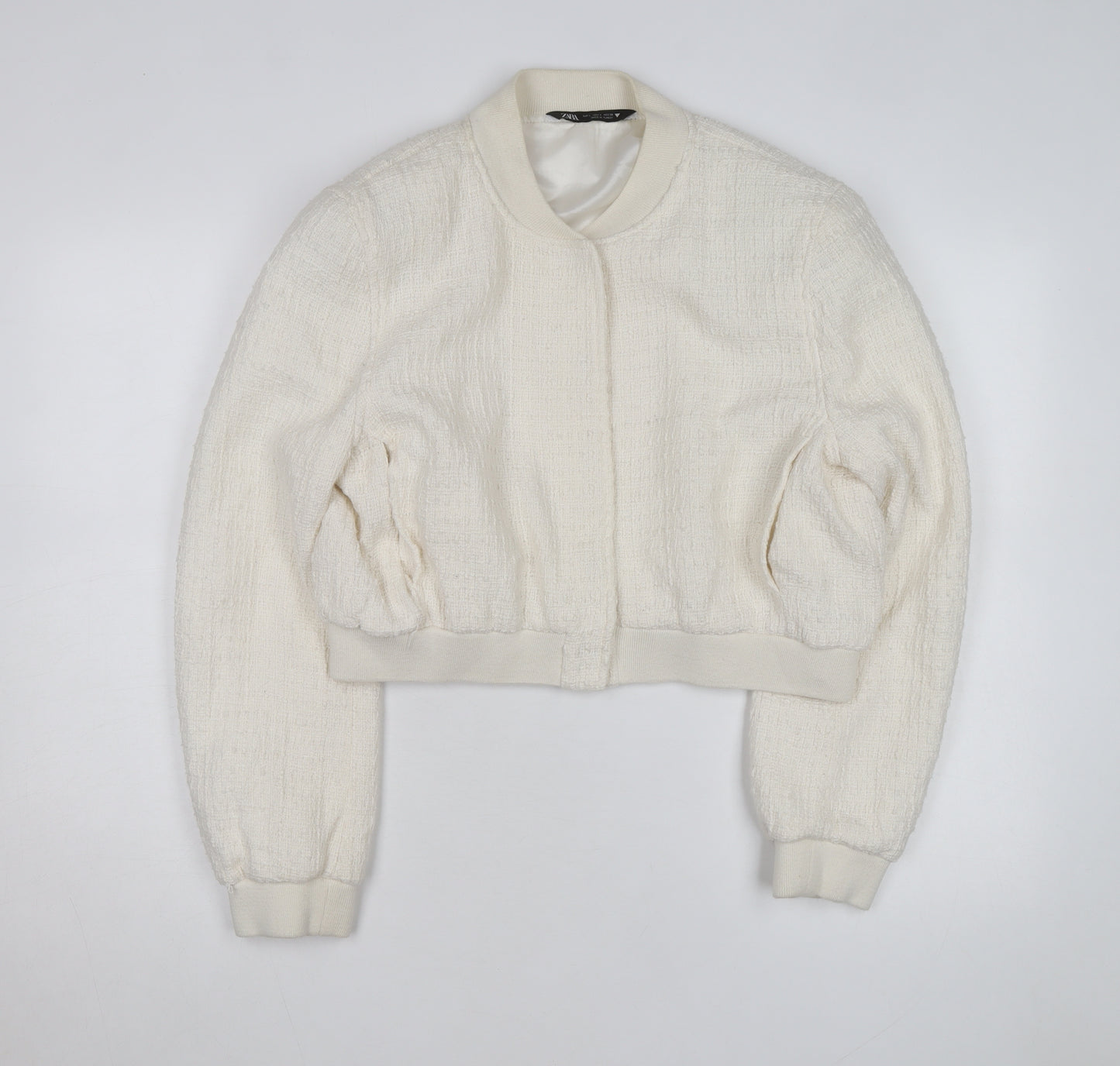 ZARA Women Ivory Textured Cropped Bomber Jacket Size L