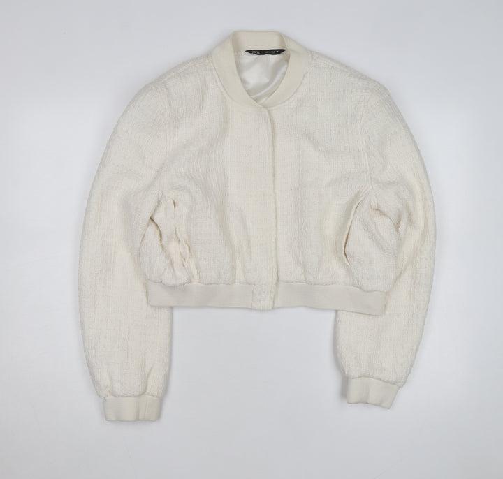 ZARA Women Ivory Textured Cropped Bomber Jacket Size L