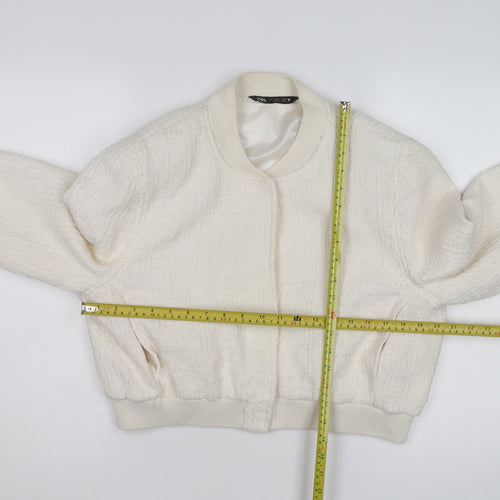 ZARA Women Ivory Textured Cropped Bomber Jacket Size L