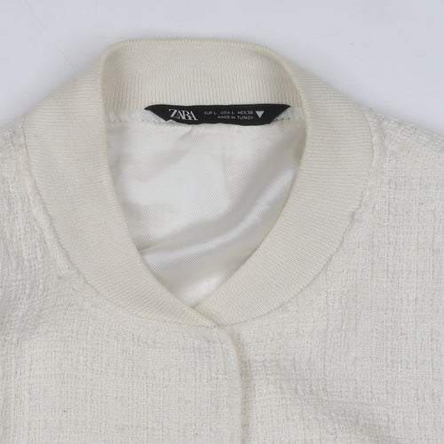 ZARA Women Ivory Textured Cropped Bomber Jacket Size L