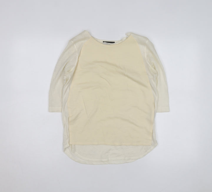 The Kooples Women Beige 3/4 Sleeve Crew Neck Basic T-Shirt XS