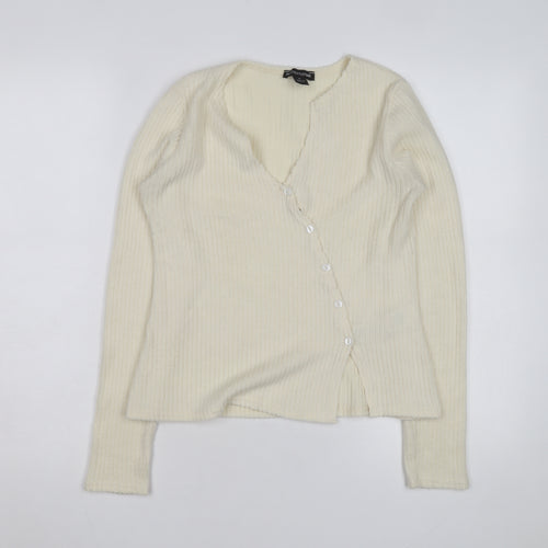 PrettyLittleThing Women Ivory Ribbed V-Neck Button Cardigan M
