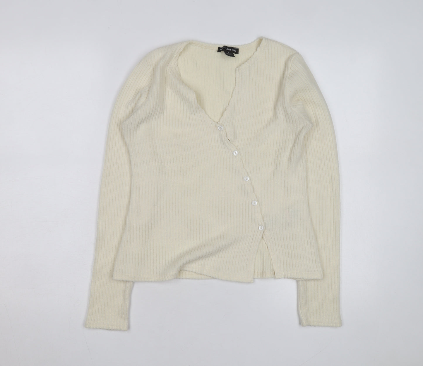 PrettyLittleThing Women Ivory Ribbed V-Neck Button Cardigan M