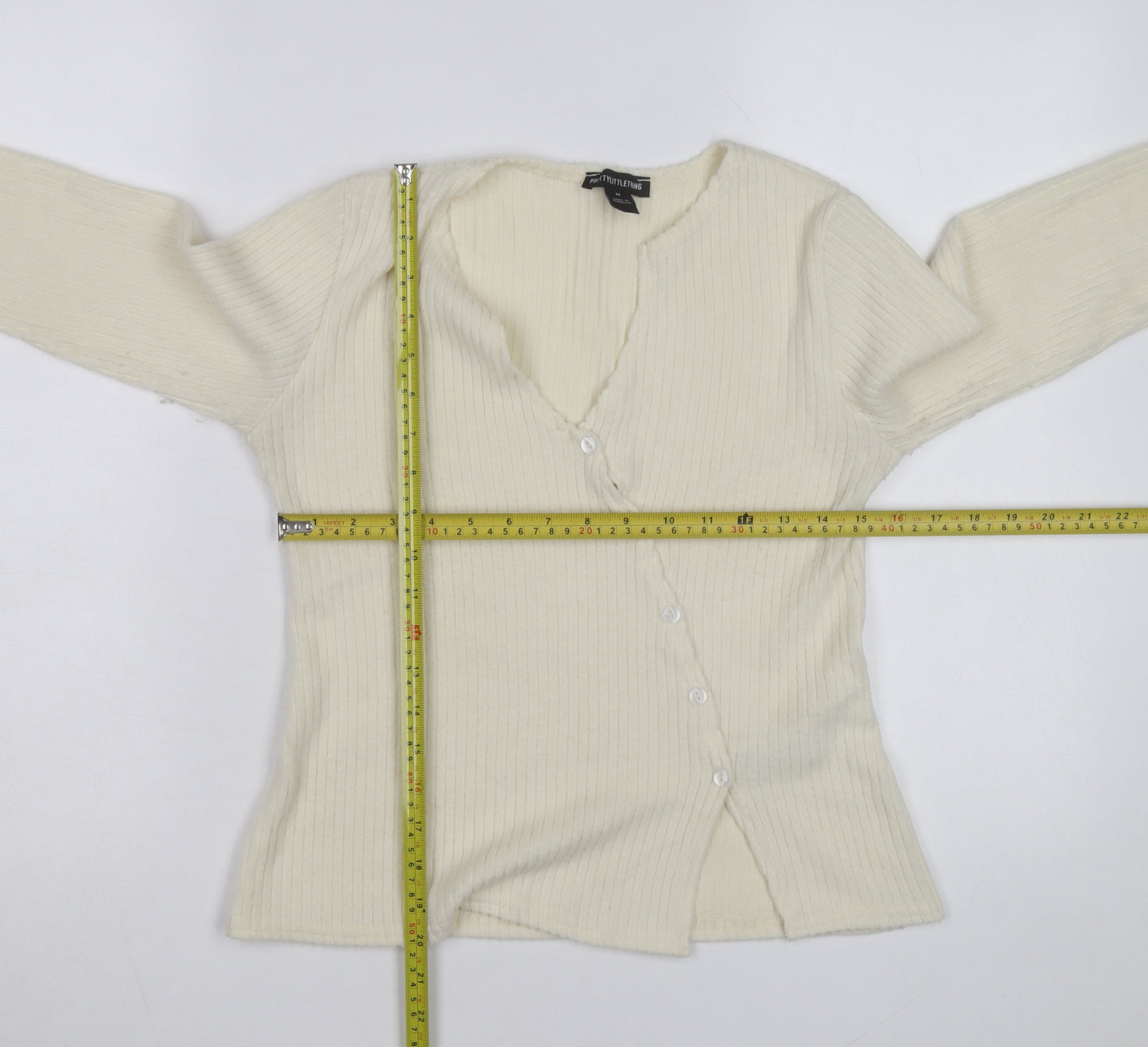 PrettyLittleThing Women Ivory Ribbed V-Neck Button Cardigan M