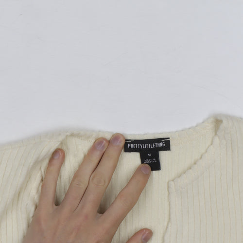 PrettyLittleThing Women Ivory Ribbed V-Neck Button Cardigan M