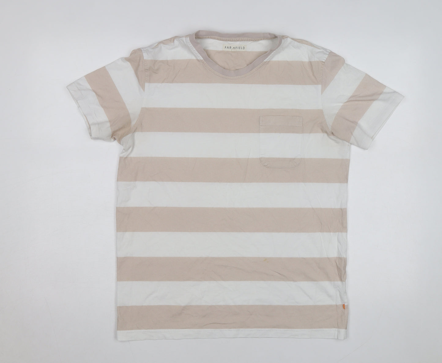 Far Afield Men's Beige White Striped Crew Neck T-Shirt Size L