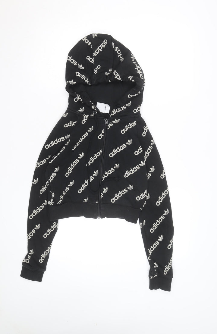 Adidas Women's Black Full Zip Hoodie Size 2XS Logo Print Cotton Blend