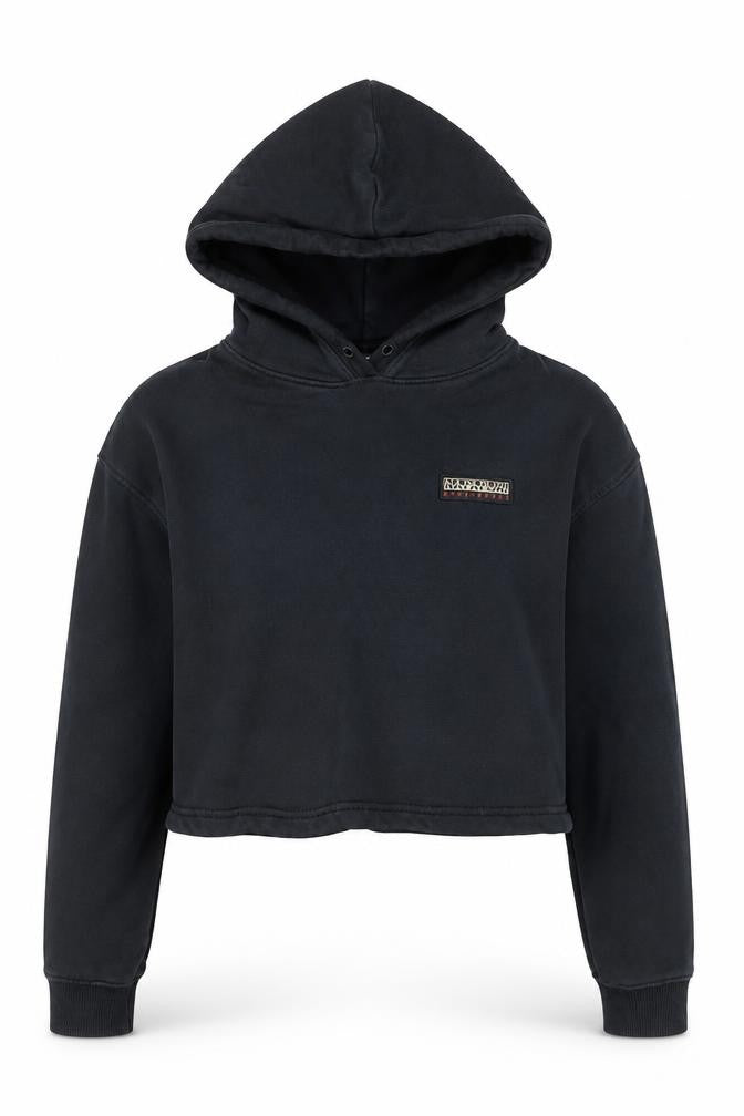 Front view of Napapijri Women's Black Cropped Pullover Hoodie, size S, Graphic Back