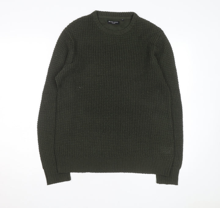 Brave Soul Men's Green Waffle Knit Crew Neck Pullover Jumper Size M