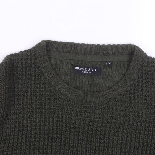 Brave Soul Men's Green Waffle Knit Crew Neck Pullover Jumper Size M