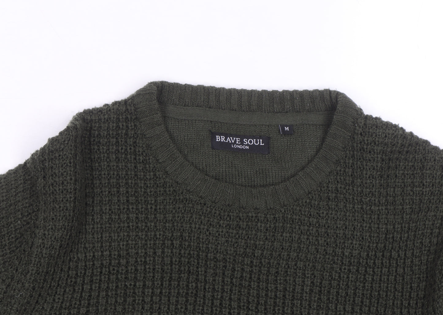 Brave Soul Men's Green Waffle Knit Crew Neck Pullover Jumper Size M