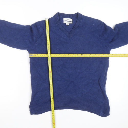 Marks and Spencer Men's Blue Lambswool V-Neck Jumper Medium
