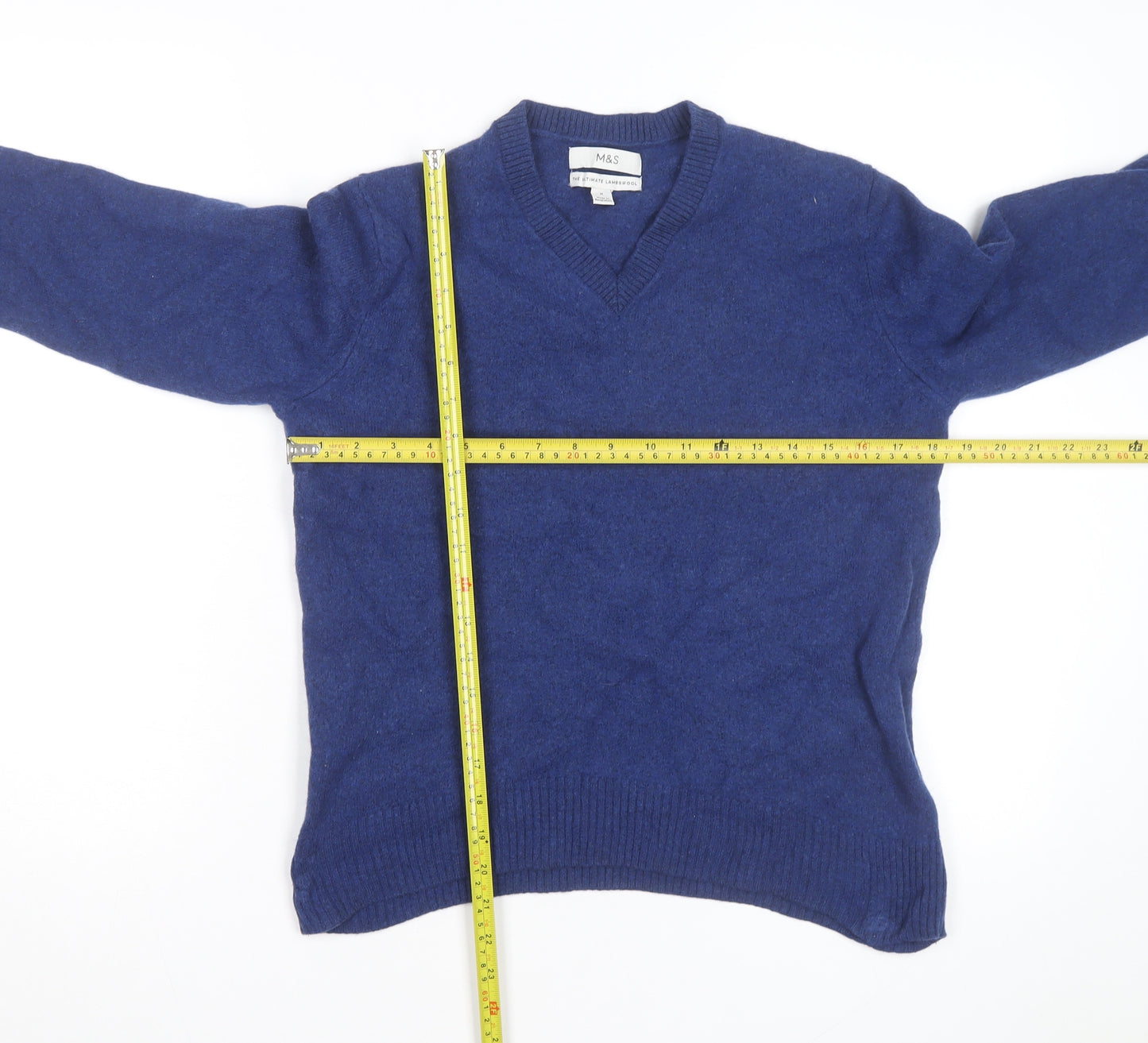 Marks and Spencer Men's Blue Lambswool V-Neck Jumper Medium