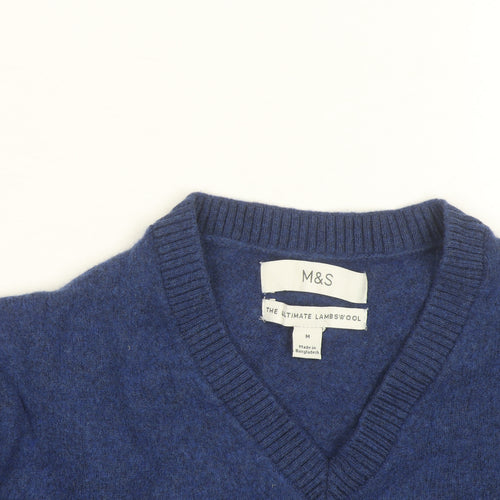 Marks and Spencer Men's Blue Lambswool V-Neck Jumper Medium