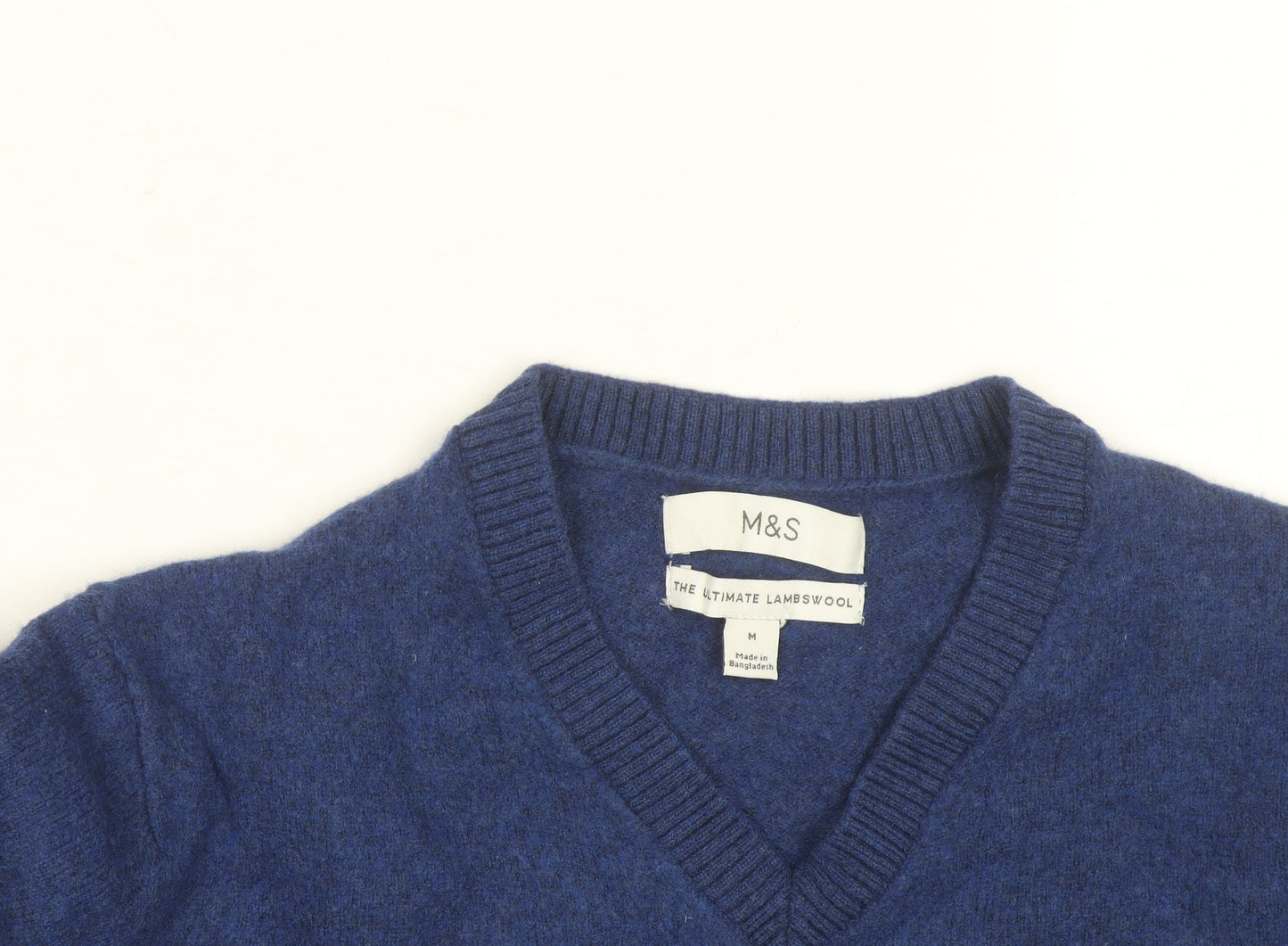 Marks and Spencer Men's Blue Lambswool V-Neck Jumper Medium