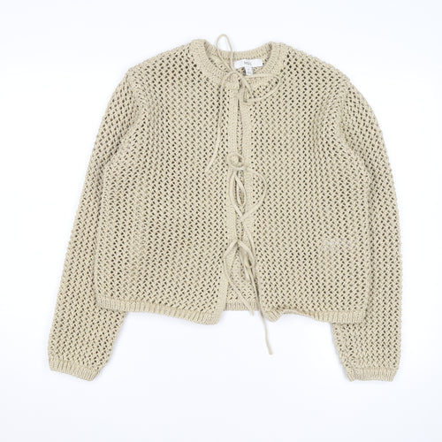 Marks and Spencer Women Beige Cotton Open-Knit Tie Cardigan M