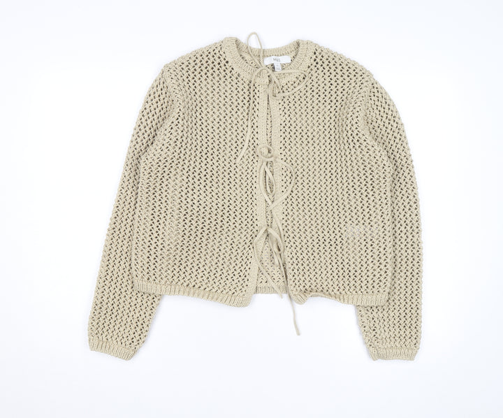 Marks and Spencer Women Beige Cotton Open-Knit Tie Cardigan M