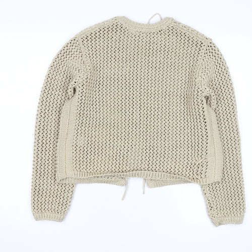 Marks and Spencer Women Beige Cotton Open-Knit Tie Cardigan M