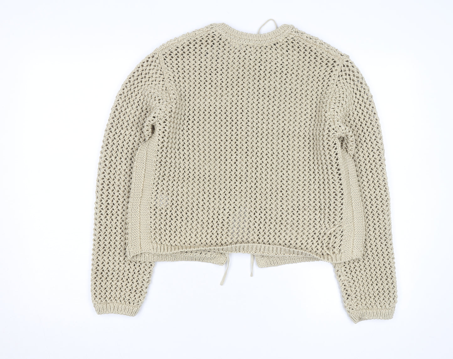 Marks and Spencer Women Beige Cotton Open-Knit Tie Cardigan M