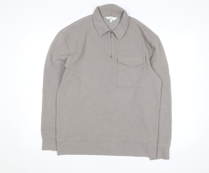 Marks and Spencer Men's Grey Collared Half Zip Cotton Jumper M