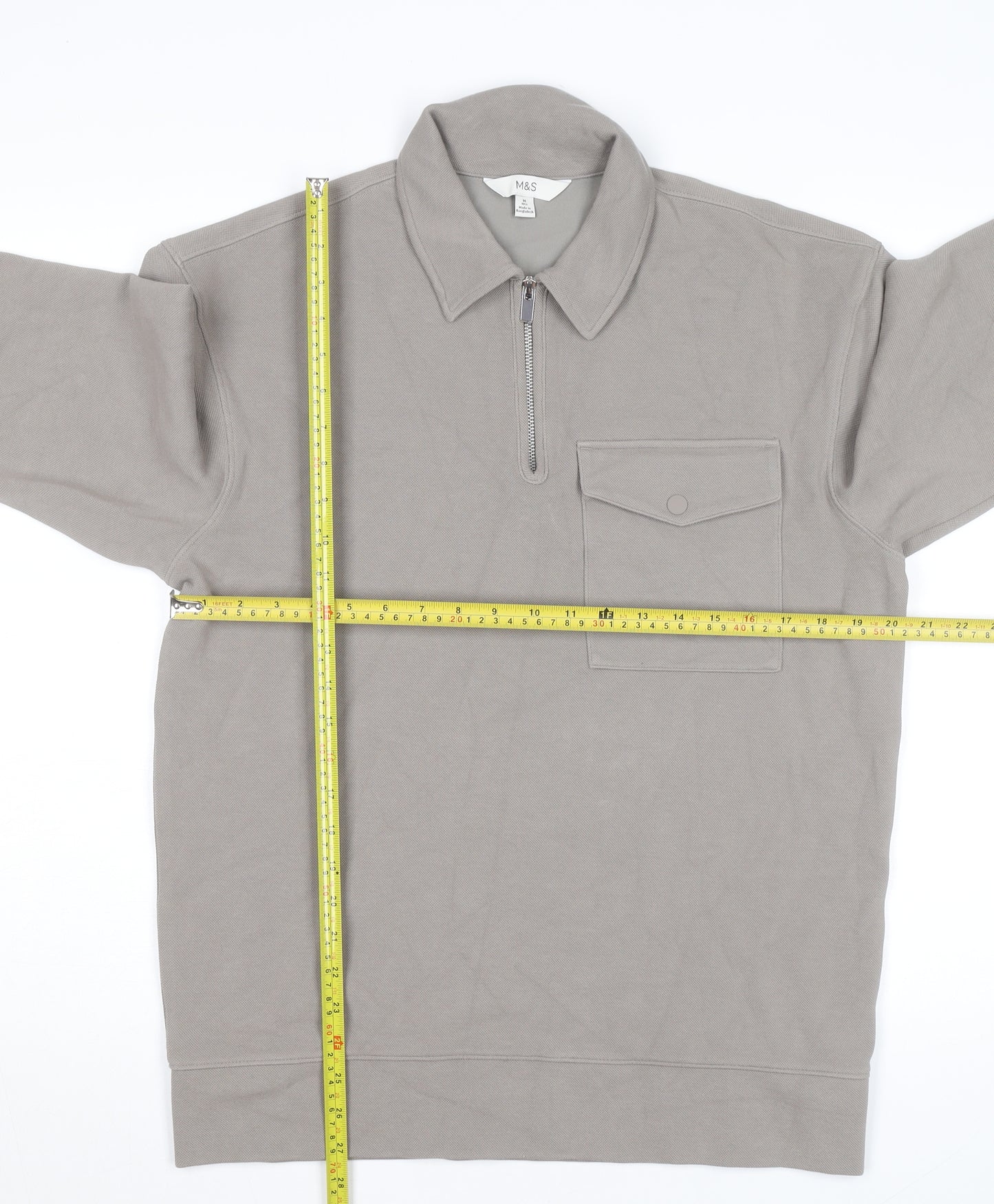 Marks and Spencer Men's Grey Collared Half Zip Cotton Jumper M